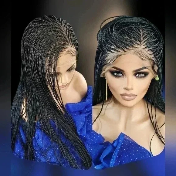 ๐ Braided full Lace Wig: African-Inspired, Black wig Human-Synthetic, "YARA" - Picture 1 of 16